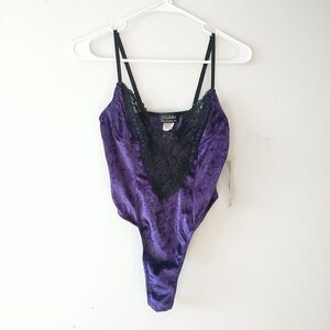 Vtg Juliara Bodysuit Teddy M Purple Black Lace Velvet Velour Thong Lingerie New